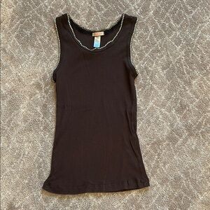 Chocolate brown Sleeveless Top with rhinestone trim!